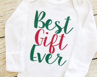 Best Gift Ever | bodysuit OR gown | Christmas baby | First Christmas | present | Coming Home Outfit | Pregnancy Announcement | red glitter