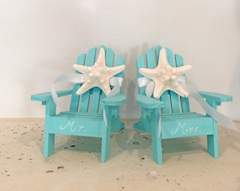 Beach Wedding Cake Topper - 2 Mini Adirondack Chairs with Starfish - 6 Chair Colors - 23 Ribbon Choices - Beach Theme/Mr. and Mrs.