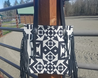 Black and White Pendelton wool with black fringe