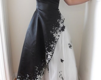 Jovani Black/White Ball Gown Prom One Shoulder Vintage Beaded Sequin Satin Dress