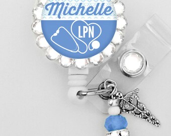 Ceil Blue Badge Holder, Retractable ID Badge Reel - Personalized Rhinestone Badge ID Reel - Medical-Nurse- Can put any Title (E149)