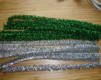 Vintage tinsel stems silver or green 1/2" wide pipe cleaners kids crafts christmas crafting supplies wired chenille stems package ties