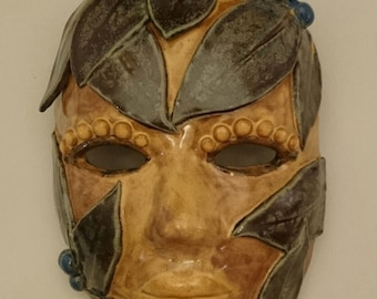 Hand built clay MASK with leaves