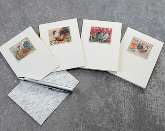 Mini Note Card Set, Lunchbox Notes, Gift Enclosures, Gift Card Holders, Love Notes, Handmade, Recycled Calendar Pictures, Set Of 4, Roosters