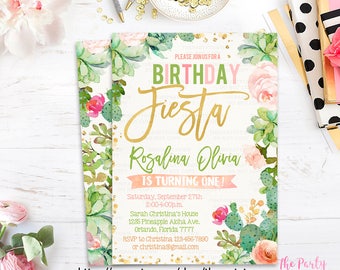 Fiesta Birthday Invitation, Succulent Invitations, Cactus Watercolor Mexican Floral Invite, Cinco de Mayo Girl invitation Printable
