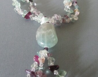 Vintage Necklace with Prehnite, Amethyst, Rose Quartz, and Crystal beads and chips.