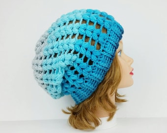 Slouchy Beanie Hat, Crochet Hat, Women's Hat, Slouchy Hat, Blue And Grey Hat, Women's Beanie, Winter Hats For Women, Crochet Beanie