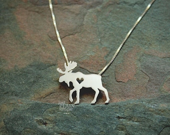 Moose necklace, elk, sterling silver, tiny silver hand cut pendant with heart