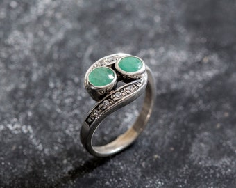 Unique Vintage Ring, Natural Emerald Ring, Emerald Ring, 2 Stones Ring, Statement Ring, May Birthstone Ring, Silver Ring, Vintage Rings