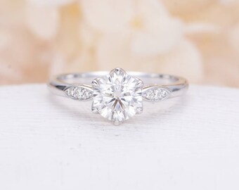 Moissanite engagement ring Vintage engagement ring White gold Antique Diamond wedding art deco bridal set Flower Anniversary gift for women