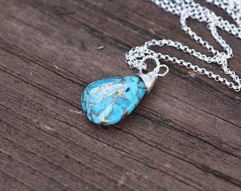 Natural Arizona Mojave Turquoise Wire Wrapped Pendant in Sterling Silver , December Birthstone , 11th Anniversary , OOAK , Healing Gem