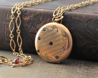 Antique Gold Locket Necklace, Gold Photo Locket Pendant, Paste Jewelry, Edwardian Locket, Gold Picture Locket, Gold Round Locket, Push Gift