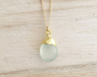 Seafoam gemstone drop necklace, seafoam chalcedony, chalcedony necklace, seafoam, layering necklace, gold necklace