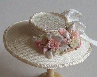 Handmade 1/12 scale dollshouse miniature ivory silk flower hat