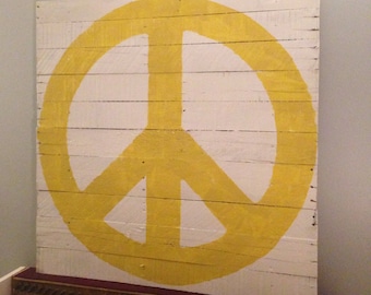 Peace Sign Wall Hanging White Background with Yellow Peace Sign 36"L x 36"W Reclaimed Pallet Wood