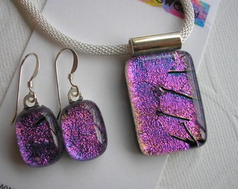 Purple Pendant and Earrings Set, Dichroic Fused Glass, .925 Sterling Earwires, Ultra Violet Blue Purple, Jewelry Women's, Dangle Earrings