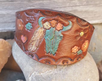 Hand Tooled Leather Cuff Bracelet - Hand Painted Buffalo Head - Flowers - Cowgirl Jewelry - Western