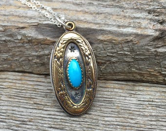 Shadow Box Turquoise Sterling Silver .Brass & Sterling Necklace.Rustic. Necklace. Mixed Metals