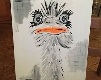 Painting on wood, ostrich, recycled wood, black and white ostrich