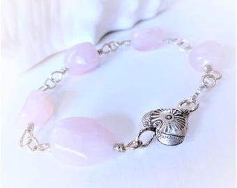 25% off ROSEBUD Rose Quartz Gemstone Nugget Sterling Silver Link Bracelet, casual gemstone jewelry