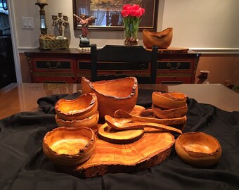 Olive Wood Salad Bowl Set, Natural Edge, Serving bowl and 6 individual bowls,, natural wood kitchen and Dining