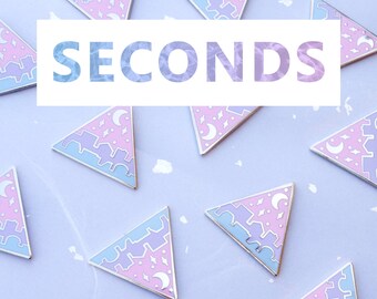 Discounted Nightfall Cityscape Enamel Pin Seconds - Marked Down Lapel Pins - City, Crescent Moon and Stars in Pastel Pink, Purple and Blue