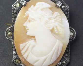 Vintage Sterling silver, Marcasite Carved Shell Cameo Brooch