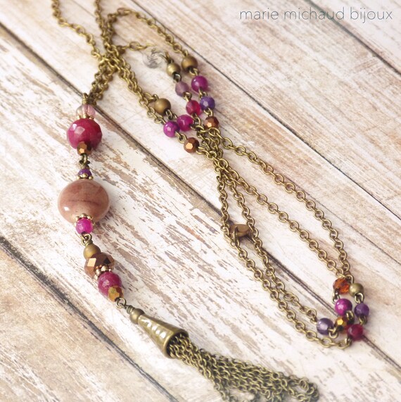 Boho necklace with tassel, Hippie chic necklace, Elegant necklace with tassel, Long necklace, Beaded necklace, Free shipping Canada, Boho