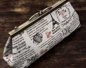 Clutch Purse with Retro Paris Travel Journal Print, Unique Evening Bag by WhiteCross Designs, Ready to Ship from USA