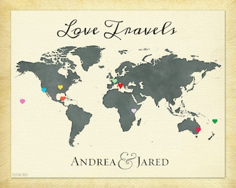 World Map of Our Travels, Personalized Couple Gift, Anniversary Gift Idea, Travel Map Print, Wanderlust Print, Love Travels Print, 6b
