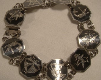 Siam (Thailand) Sterling Silver Niello Enamel Panels Bracelet 1970s