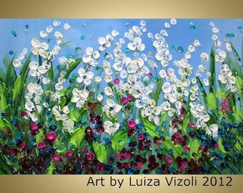 Original Modern Floral Painting SUMMER FLOWERS FIELD Palette Knife Impasto Wall Art, see how is made