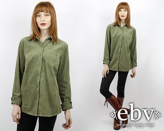 Vintage 90s Olive Cord Button Up Shirt S M Cord Button Down Shirt Green Shirt Corduroy Shirt