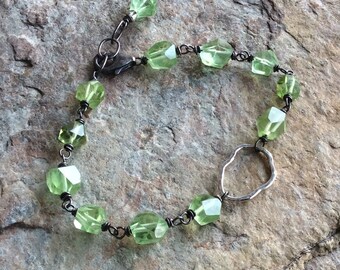 PERIDOT Bracelet, Raw faceted nugget bracelet, lime green gemstone with sterling silver, August birthstone, handmade by Angry Hair Jewelry