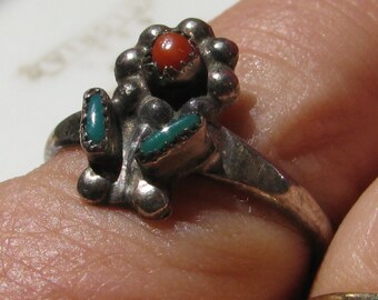 Petite Zuni Southwestern Silver Ring with Turqoise and Coral Flower, Size 5, Pinky or Midi Ring