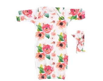 Floral Dreams Newborn Gown, Newborn Organic Gown, Floral Newborn Gown, Newborn Sleep Sack, Newborn Gown Girl, Pink Floral Sleep Sack