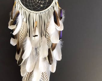 White Leather Dream Catcher w/ Quartz Crystals 10" x 31". Handmade. Wall hanging.