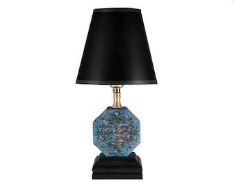 FREE SHIPPING: Vintage Turquoise Blue Fabric Covered Trinket Box Upcycled Lamp with New Black Lamp Shader