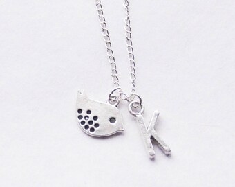 Silver Bird Necklace, Personalized Sparrow Necklace, Bird Charm necklace, Monogram Birdwatcher necklace, Personalized Initial jewelry gift