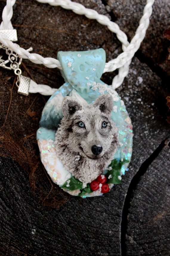 Wolf jewelry Polymer clay pendant animal jewelry christmas