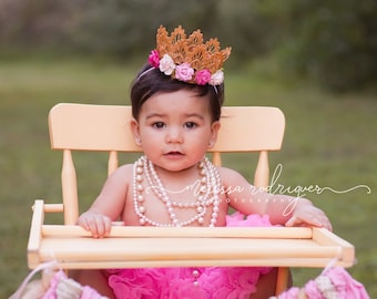 First Birthday Crown - Small Crown - Pink and White Flowers - Newborn Gold Crown - Photo Prop - First Birthday Cake Smash - Baby Gold Crown