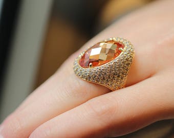 HANDMADE Gold Ring 14k With Citrine Stone And White Zircons, PREMIUM Collection, Anniversary Ring Gift, Luxury Collection, Free Shipping