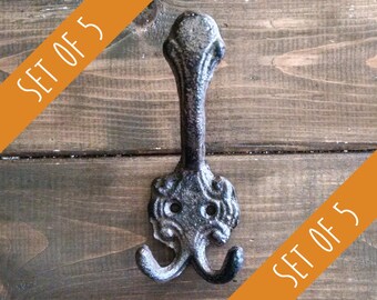 Set of 5 Decorative Wall Hooks | Classic Coat Hook | Cast Iron Hook | Triple Hook | DIY Supply | Bulk Hooks | Hook Set