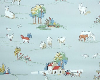 1930s Vintage Wallpaper by the Yard - Farm Animals Scenic Novelty Wallpaper