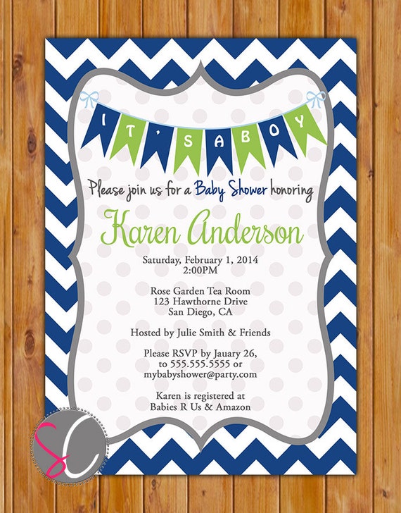 Navy Blue Lime Green Baby Shower Invitation Navy Chevron