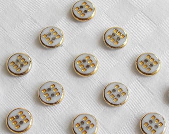 24 beautiful 2-hole opaque white glass buttons with very fine golden trim - (13 mm - 1/2 in.)