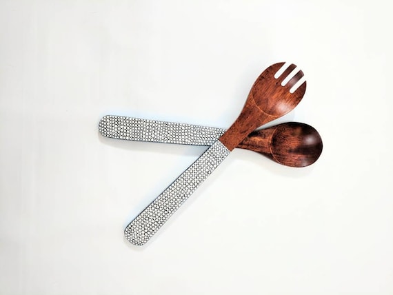 Hand Painted Wooden Serving set: Blue black and white Wooden serving set wooden spoon and fork Salad servers