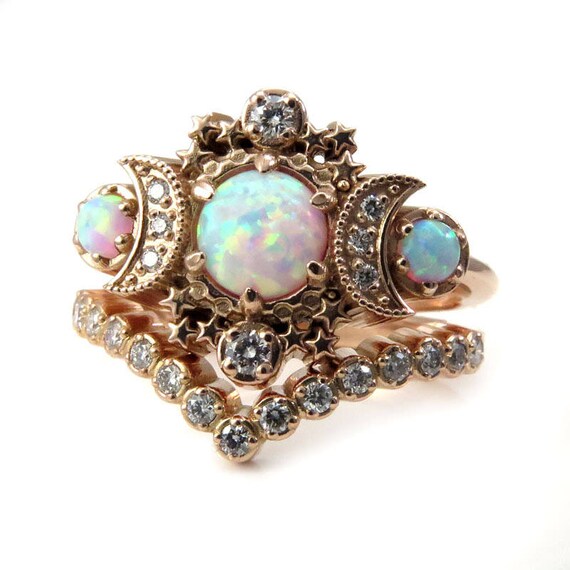 Lab Opal Cosmos Rose Gold Moon Engagement Ring - Bohemain Diamond Wedding Set