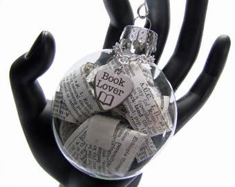 Glass Puffed Flat Ornament, "Book Lover" Stainless Steel Charm, Teacher, Reader Christmas Gift