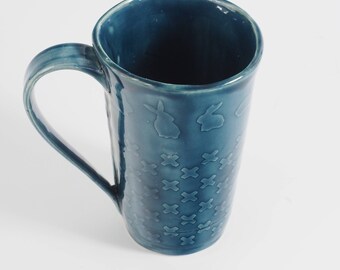 Blue Ceramic Coffee Mug with Bunnies - Stoneware Mug - Coffee Mug - Tea Cup - Bunny Mug - Smoky Blue Mug - Favorite Mug - Breakfast Set